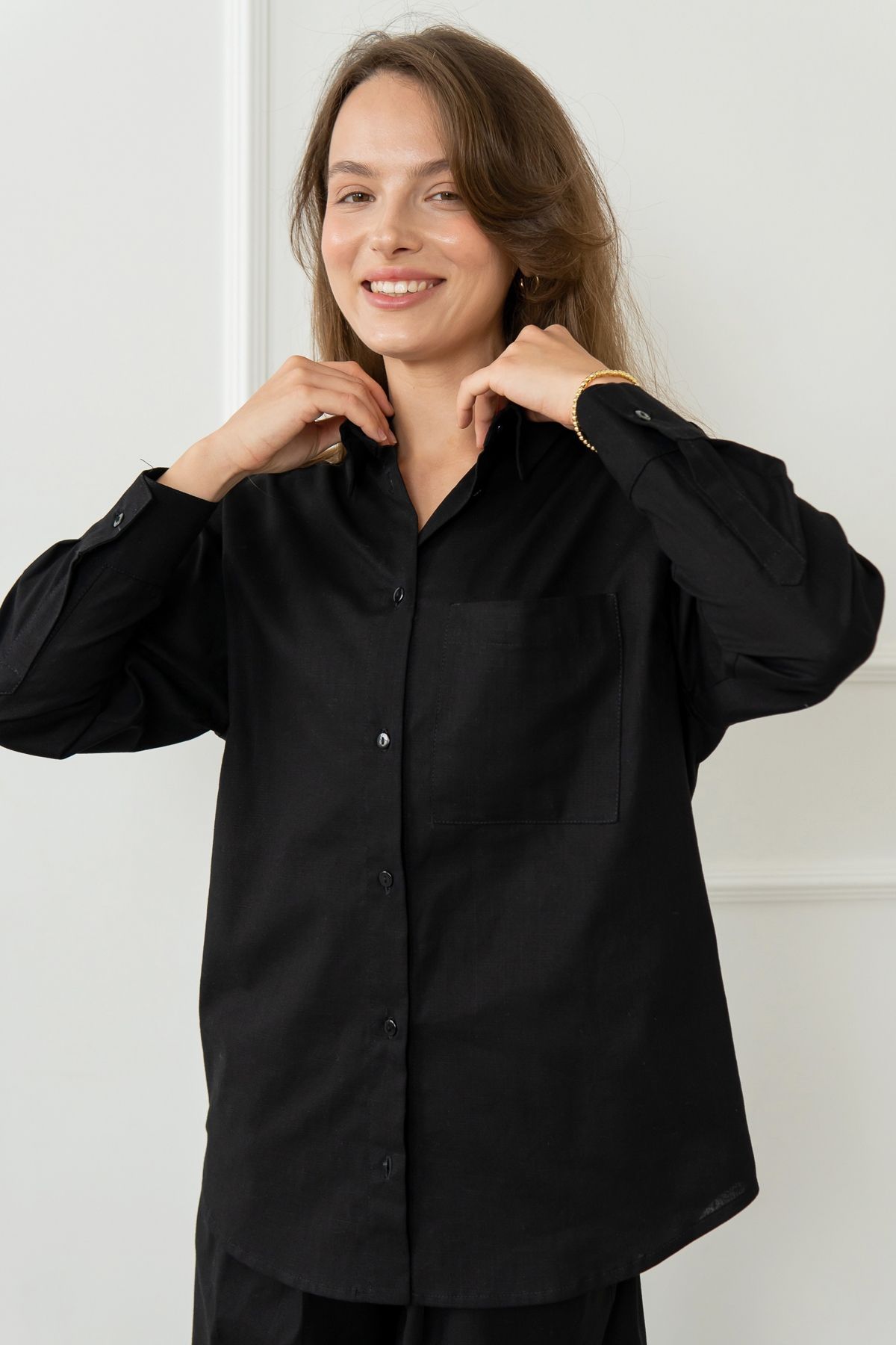 long-sleeve shirt made of 100% linen Black (M/L)