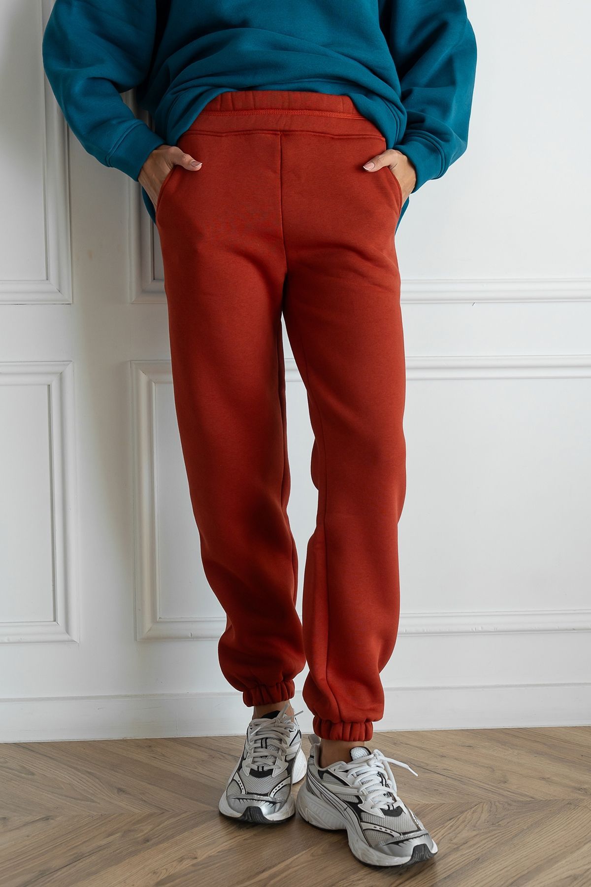 Knitted trousers with fleece Brick