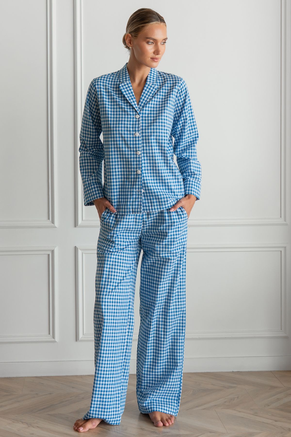 Піжамний бавовняний костюм з брюками Navy Plaid HL0073-80-69 фото