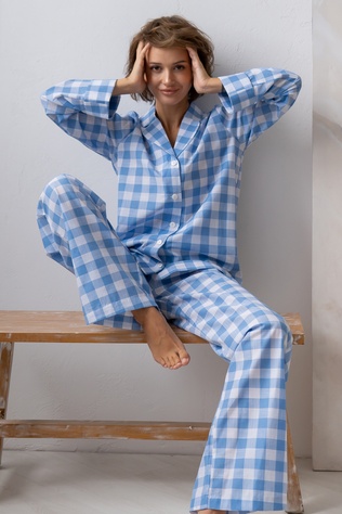 Cotton pajamas with trousers Blue Plaid