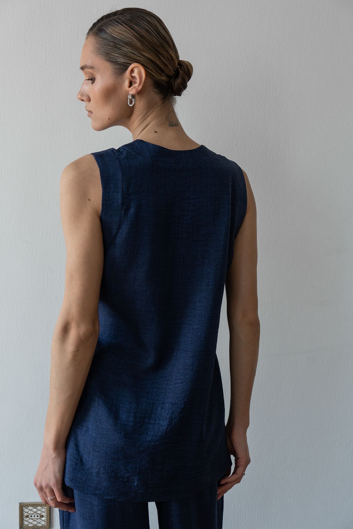 Linen crossover longline top Denim